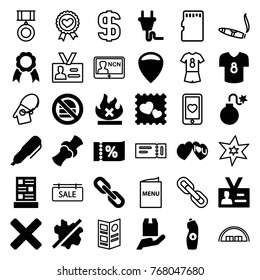 Set of 36 label filled and outline icons such as no wash, location, water bottle, bone, no fire, cargo protection, photo with heart, i love you, badge, ribbon, menu, plug