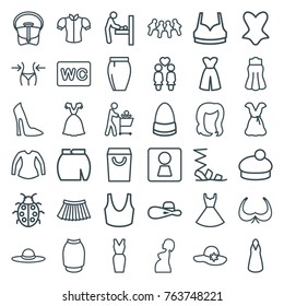 Set of 36 lady outline icons such as woman wc, baby changing room, hairstyle, bra, woman shoe, slim, wc, sandals, sport bra, corset, dress, blouse, bag, skirt, shopping bag