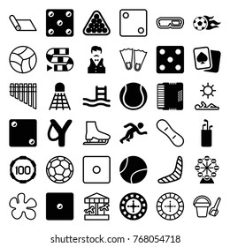 Set of 36 leisure filled and outline icons such as roulette, dice, billiards, dice game, slingshot, golf putter, pool ladder, harmonic, football, running, tennis ball