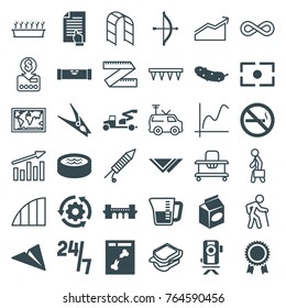 Set of 36 line filled and outline icons such as level ruler, bridge, bow, cucumber, take away food, no smoking, x ray, paper plane, gear rotate, jacuzzi, camera focus