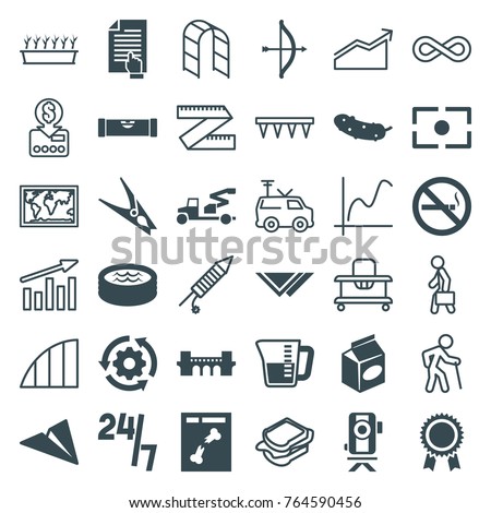 Set of 36 line filled and outline icons such as level ruler, bridge, bow, cucumber, take away food, no smoking, x ray, paper plane, gear rotate, jacuzzi, camera focus