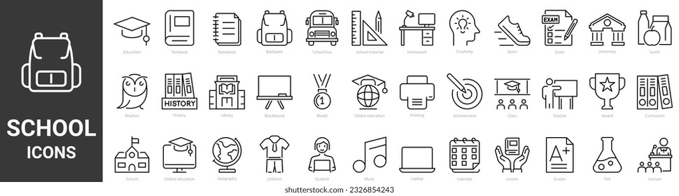 Set of 36 line icons Back to school. Education and e learning. School, university, success, academic, textbook. Vector illustration. Outline icon. Editable stroke.