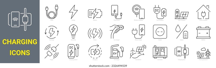 set of 36 line icons charging, battery related. car charging station, recycling, phone charging. Collection of Outline Icons. Vector illustration.