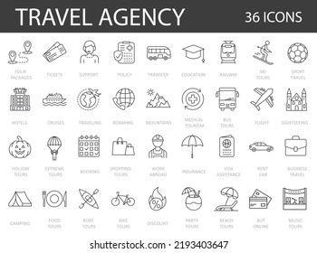 Set of 36 line icons related to  travel agency providing as an booking, different tours, visa assistance, insurance, etc. Simple Outline Icons.