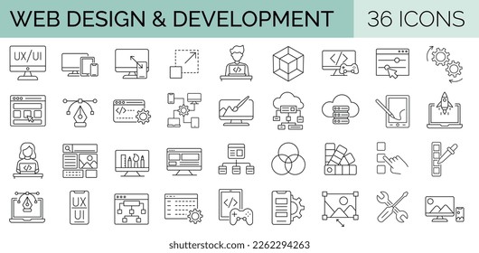 Set of 36 line icons related to web design, development. Editable stroke. Vector illustration