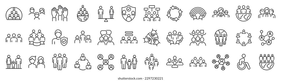 Set of 36 line icons related to society, teamwork, cooperation. Outline icon collection. Editable stroke. Vector illustration
