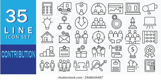 Set of 36 line icons related to society, teamwork, cooperation. Outline icon collection. Editable stroke. Vector illustration