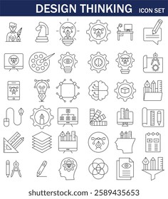 Set of 36 line icons related to creativity, idea, innovation, teamwork, invention, design thinking. Outline icon collection. Editable stroke. Vector illustration EPS10.