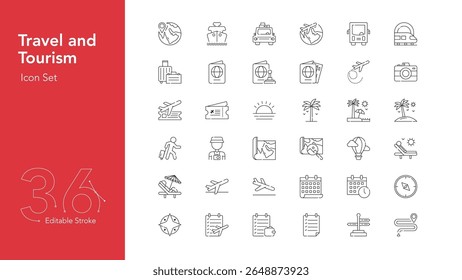 Set of 36 line icons related to travel and tourism, recreation, leisure, travel, entertainment. Editable icon stroke collection. Editable thickness pack. Vector illustration