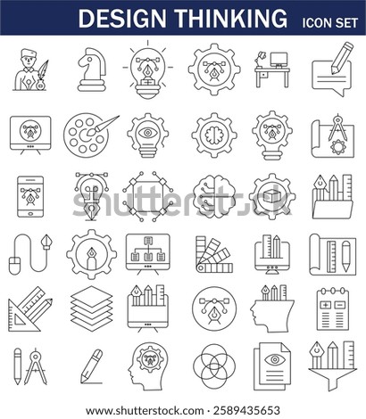 Set of 36 line icons related to creativity, idea, innovation, teamwork, invention, design thinking. Outline icon collection. Editable stroke. Vector illustration EPS10.