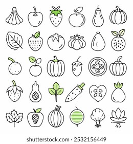 Un conjunto de 36 iconos de línea que representan varias frutas y verduras, perfecto para agregar un toque de naturaleza a sus diseños. Estos iconos son versátiles y se pueden utilizar para Sitios web, App, redes sociales.