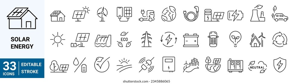 Set von 36 Linien Symbole der Sonnenenergie. Wasserkraftwerk, Solarzellen, fossile Brennstoffe. Vektorgrafik. Rahmensymbol. Bearbeitbarer Strich.