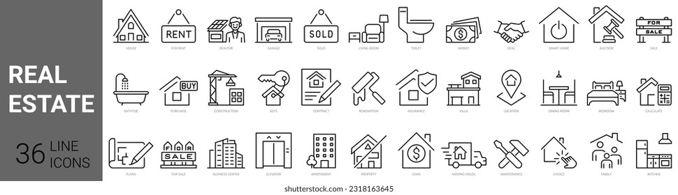 set of 36 line web icons real estate. Included icons such as real estate, mortgage, home loan. Collection of Outline Icons. Vector illustration.