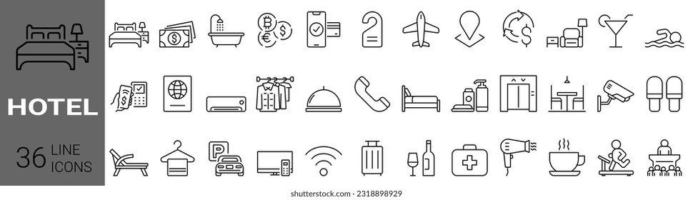 set of 36 line web icons Hotel service, apartment booking. Hostel, transfer, airport, Hotel simple thin line icons set. Editable stroke Vector illustration. Outline icon collection