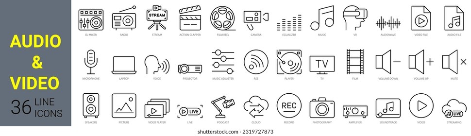set of 36 line web icons audio and video. Multimedia video player. Media Collection of Outline Icons. Vector illustration.