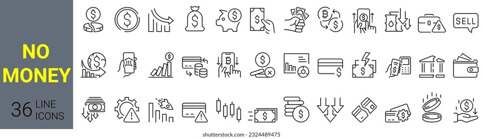 Set of 36 line web icons No dollar money bag. Bankruptcy. Financial Crime Related, Money Laundering. No cash. Collection of Outline Icons. Vector illustration.