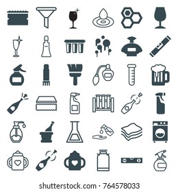 Set of 36 liquid filled and outline icons such as baby bottle, perfume, honey, sponge, level ruler, opened champagne, glue pen, champagne, filter, washing machine, beer, blood
