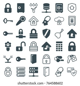 Set of 36 lock filled and outline icons such as lock, door, safe, safe, key, shield, gear keyhole, server, watering system, intercom, door knob, card protection, heart key