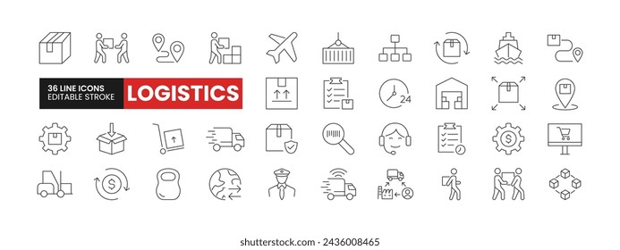 Set of 36 Logistics line icons set. Logistics outline icons with editable stroke collection. Includes Imports Exports, Freight, Warehouse, Custom Inspection, Supply Chain, and More.