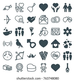 Set of 36 love filled and outline icons such as dove, flower, heart with arrow, rose, bow, heart, couple, bandage, family, lovebirds, male, love home, shy emoji