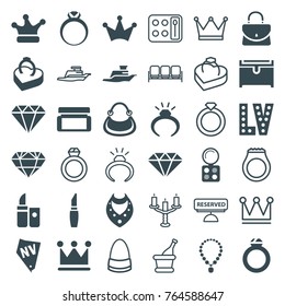 Set of 36 luxury filled and outline icons such as ring, eyeshadow palette, lipstick, necklace, crown, vegas, chest, gem, ring in box, ship, crown, sofa, bag, champagne