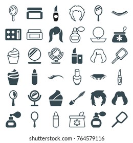 Set of 36 makeup filled and outline icons such as perfume, mirror, lipstick, cream, mascara, hairstyle, nail polish, cream box, eyelash, powder, make up bag, eyeshadow palette