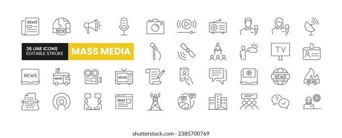 Set of 36 Mass Media  Journalism line icons set. Mass Media outline icons with editable stroke collection. Includes News, Microphone, Typewriter, Office, News Reporter, and More.