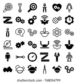 Set of 36 mechanical filled and outline icons such as gear, saw blade, pliers, measure ruler, robot, gear connection, clock, wrench