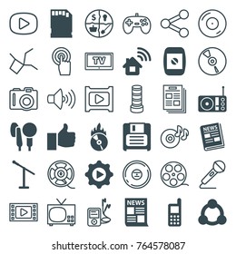 Set of 36 media filled and outline icons such as phone, microphone, news, home connection, thumb up, marketing, diskette, radio, cd fire, play in gear, camera display