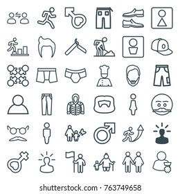 Set of 36 men outline icons such as user bulb, man wc, man hairstyle, male, man, woman, bllade razor, female wc, pants, baseball cap, hoodie, mustache and glasses, family