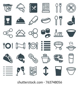Set of 36 menu filled and outline icons such as glasses clink, taco, drink and food, menu, dish, drink, dish serving, bowl, sushi, arrow, coffee, share, soup, hot dog