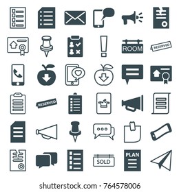 Set of 36 message filled and outline icons such as paper airplane, document, paper, check list, apple download, wavy phone, pin, chat, mail, room tag, bill of house sell