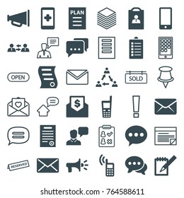 Set of 36 message filled and outline icons such as chat, hand on smartphone, communication, resume, message, old phone, notebook, phone, mail, bill of house sell
