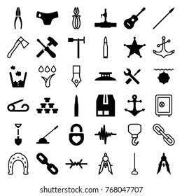 Set of 36 metal filled and outline icons such as pin, children panties, shovel, wrench and screwdriver, compass, gold, water pipe, weather vane, cargo container, heart lock