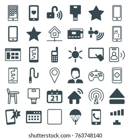 Set of 36 mobile filled and outline icons such as sun, finger on tablet, signal, browser window, star, credit card, parachute, important message, route and phone, phone call