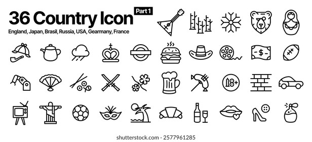 Set of 36 modern thin line icons symbols of countries.
Outline isolated signs for mobile and web. High quality pictograms.