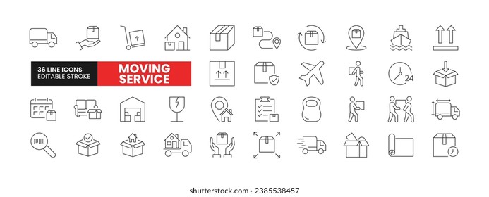 Set of 36 Moving Service line icons set. Moving Service outline icons with editable stroke collection. Includes Courier, Shipping, Home Shifting, Fast Delivery, Loading and More.