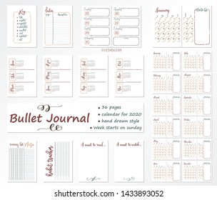 Set of 36 multicolored pages for Bullet Journal with caledar on 2020 year  with a week that starts from Sunday. Diary template. 