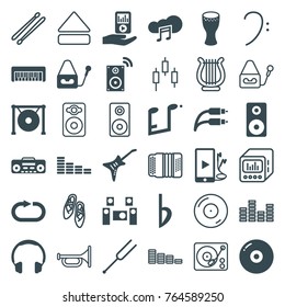 Set of 36 music filled and outline icons such as equalizer, disc, headphones, microphone, record player, guitar, gong, phone and earphones, mp3 player on hand, music cloud