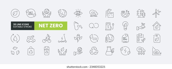 Set of 36 Net Zero line icons set. Net Zero outline icons with editable stroke collection. Includes Carbon footprint, CO2 neutral, net zero, Solar Energy, Wind Power, Renewable Energy and More.