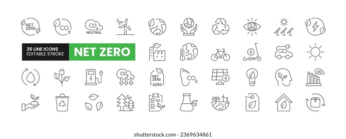 Set of 36 Net Zero line icons set. Net Zero outline icons with editable stroke collection. Includes Net Zero, Solar Energy, Wind Turbine, Carbon Footprint, Sustainability, and More.