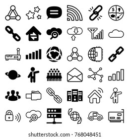 Set of 36 network filled and outline icons such as businessman, group, chain, planet, marketing, network connection, server, search cloud, link, chat, home connection, signal
