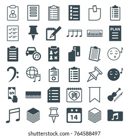 Set of 36 note filled and outline icons such as document, creadit card payment, emoji listening music, piano, check list, checklist, notebook, medical clipboard, bass clef