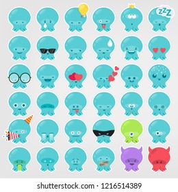 Set of 36 Octopus vector emoji emoticons with flat graphical style