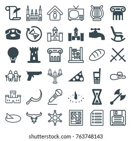 Set of 36 old filled and outline icons such as castle, greek column, desk phone, feather and paper, sword, rocking chair, old phone, tap, air balloon, sundial, hourglass