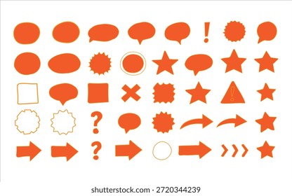 Um conjunto de 36 ícones laranja e branco, incluindo balões de fala, estrelas, setas e sinais de pontuação em um plano de fundo branco