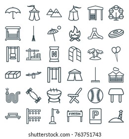 Set of 36 outdoor outline icons such as garden bench, tent, table, swing, balloon, carousel, hockey puck, barbecue, finish, rake, water hose, irrigation system, street lamp