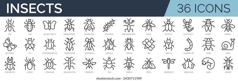 Set of 36 outline icons related to insects. Linear icon collection. Editable stroke. Vector illustration