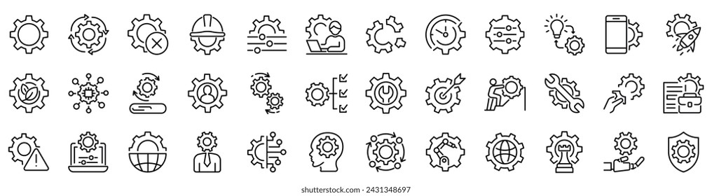 Set of 36 outline icons related to gears.Linear icon collection. Editable stroke. Vector illustration