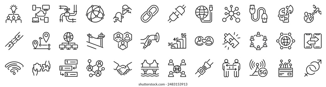 Set of 36 outline icons related to connection. Linear icon collection. Editable stroke. Vector illustration